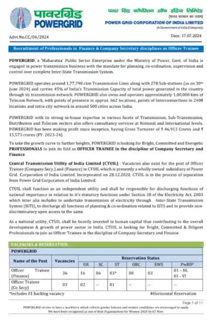 PGCIL Officer Trainee Recruitment 2024