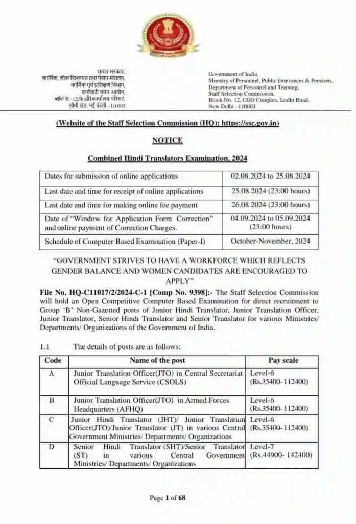 SSC JHT Vacancy 2024